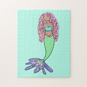 rainbow mermaid pink blue purple green black curly jigsaw puzzle