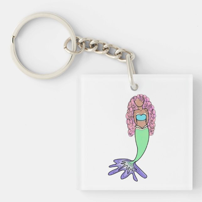 rainbow mermaid pink blue purple green black curly key ring (Front)