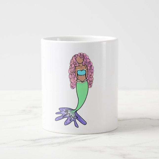 rainbow mermaid pink blue purple green black curly large coffee mug (Front)