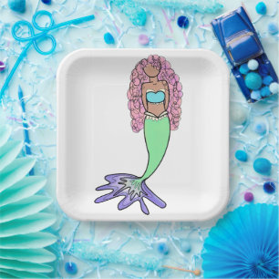 rainbow mermaid pink blue purple green black curly paper plate
