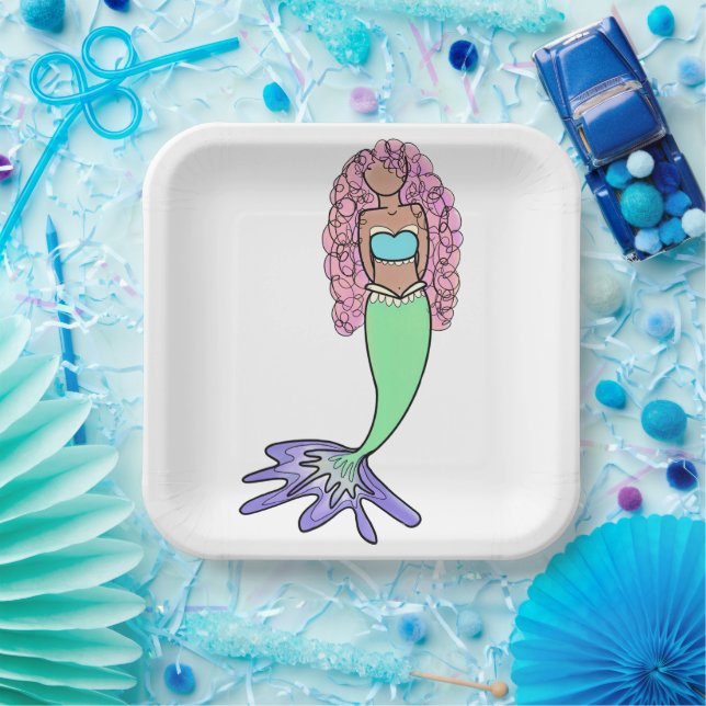 rainbow mermaid pink blue purple green black curly paper plate (Party)