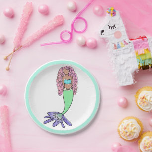 rainbow mermaid pink blue purple green black curly paper plate