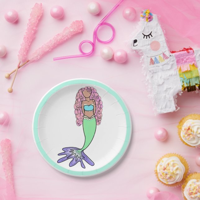 rainbow mermaid pink blue purple green black curly paper plate (Party)