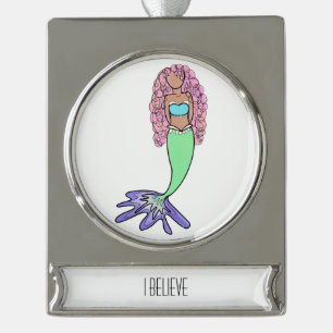 rainbow mermaid pink blue purple green black curly silver plated banner ornament