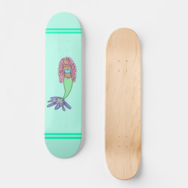 rainbow mermaid pink blue purple green black curly skateboard (Front)