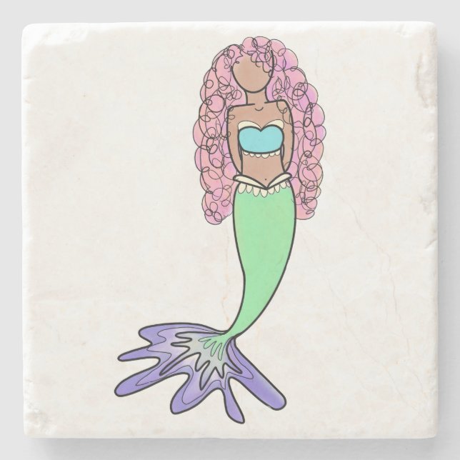 rainbow mermaid pink blue purple green black curly stone coaster (Front)