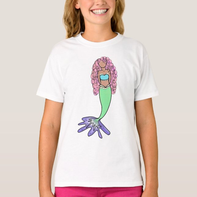 rainbow mermaid pink blue purple green black curly T-Shirt (Front)