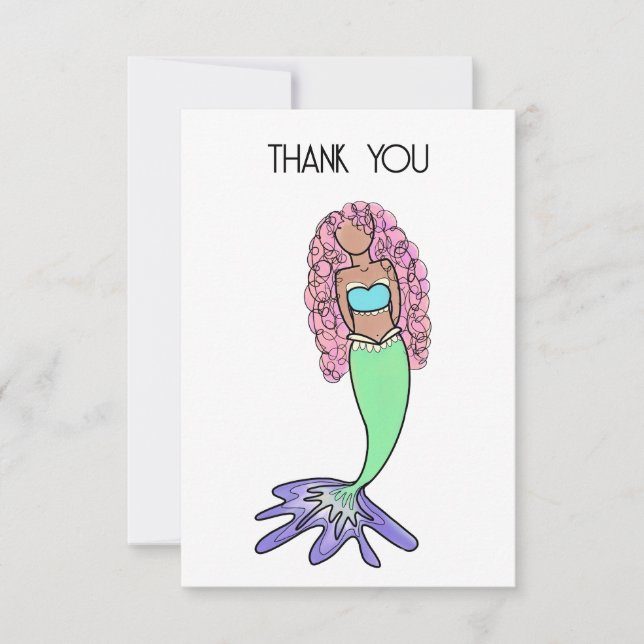 rainbow mermaid pink blue purple green black curly thank you card (Front)