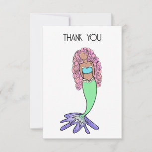 rainbow mermaid pink blue purple green black curly thank you card