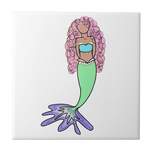 rainbow mermaid pink blue purple green black curly tile (Front)