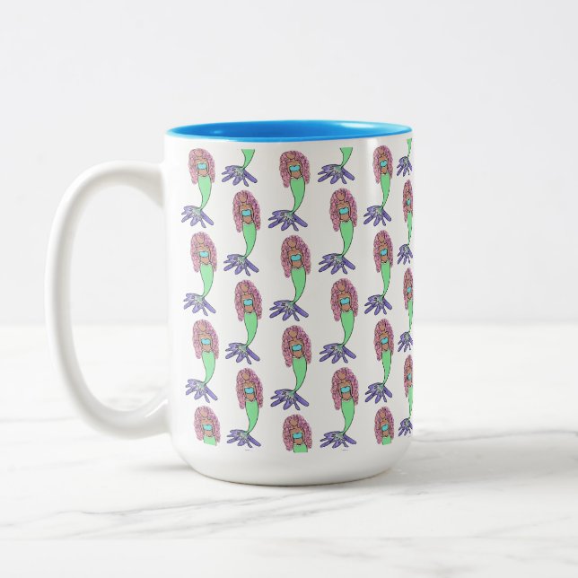 rainbow mermaid pink blue purple green black curly Two-Tone coffee mug (Left)