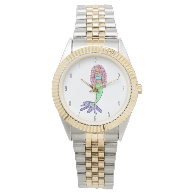 rainbow mermaid pink blue purple green black curly watch (Front)