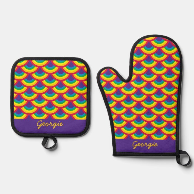 Rainbow Mermaid Scale Oven Mitt & Pot Holder Set (Front)