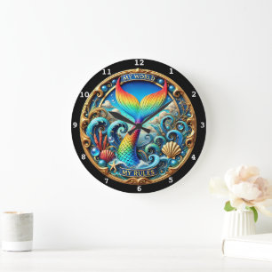  Rainbow Mermaid Tail Ocean Timepiece Large Clock