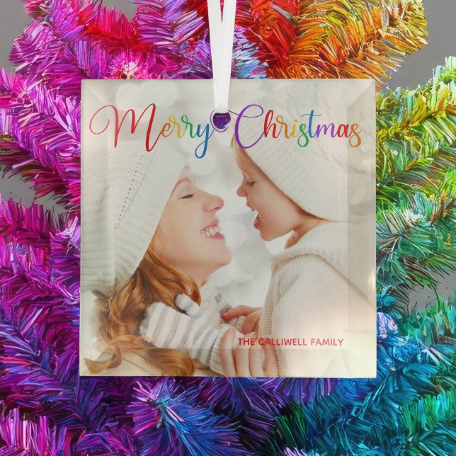 Rainbow Merry Christmas Personalized Photo Glass Tree Decoration (Creator Uploaded)