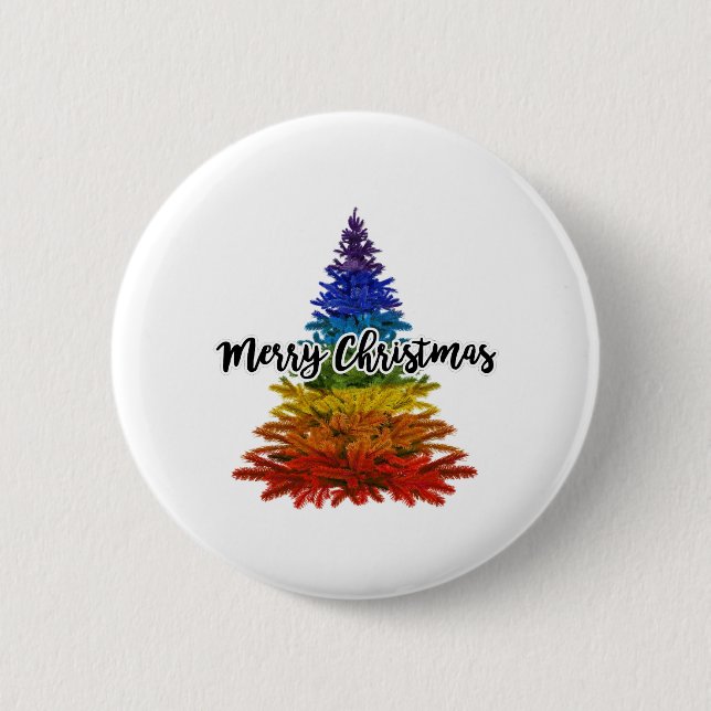 rainbow merry christmas tree 6 cm round badge (Front)