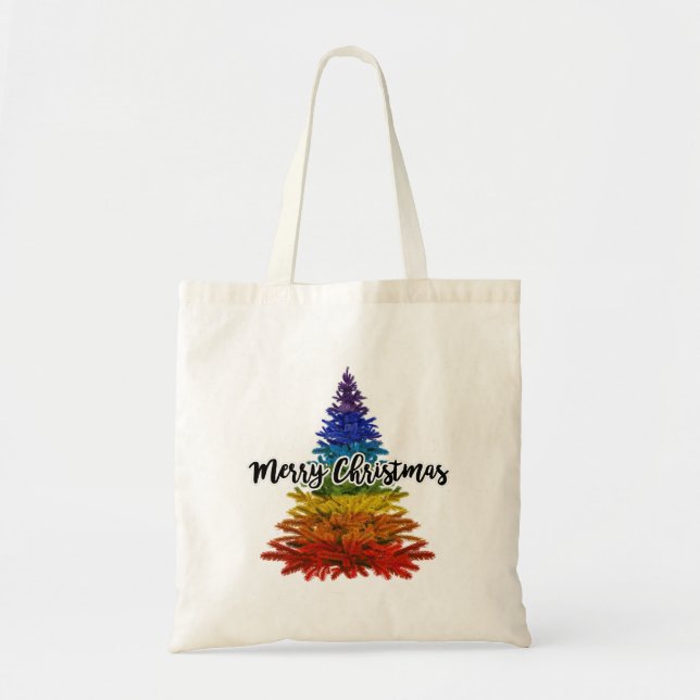 rainbow merry christmas tree tote bag (Front)
