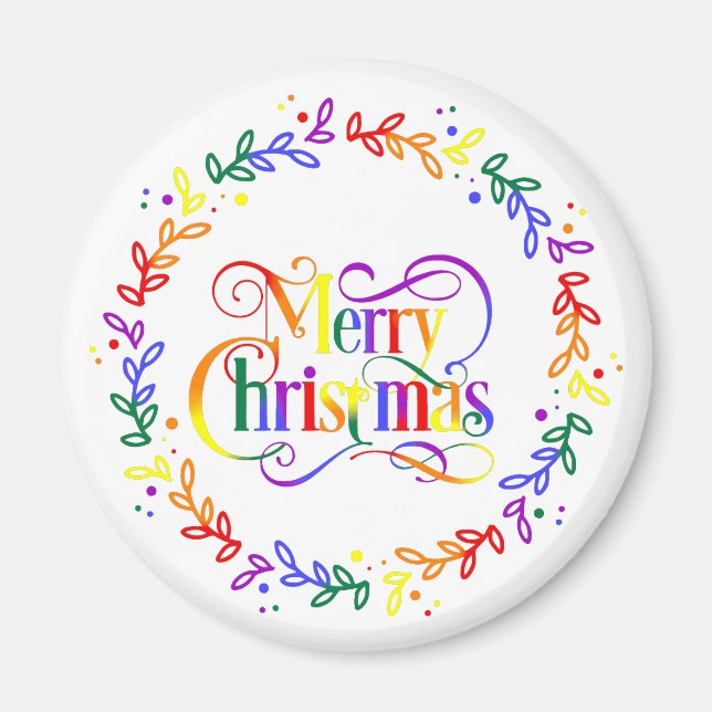 Rainbow Merry Christmas Wreath Magnet (Front)