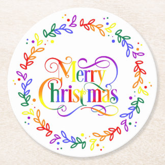 Rainbow Merry Christmas Wreath Paper Coasters