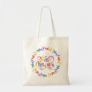 Rainbow Merry Christmas Wreath Tote Bag