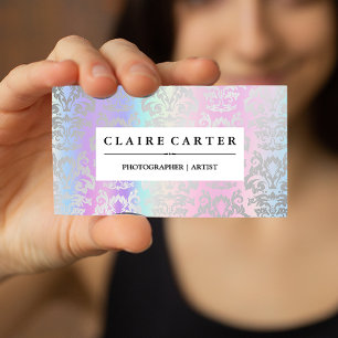 Rainbow Metallic Blend Silver Damask Pattern Business Card
