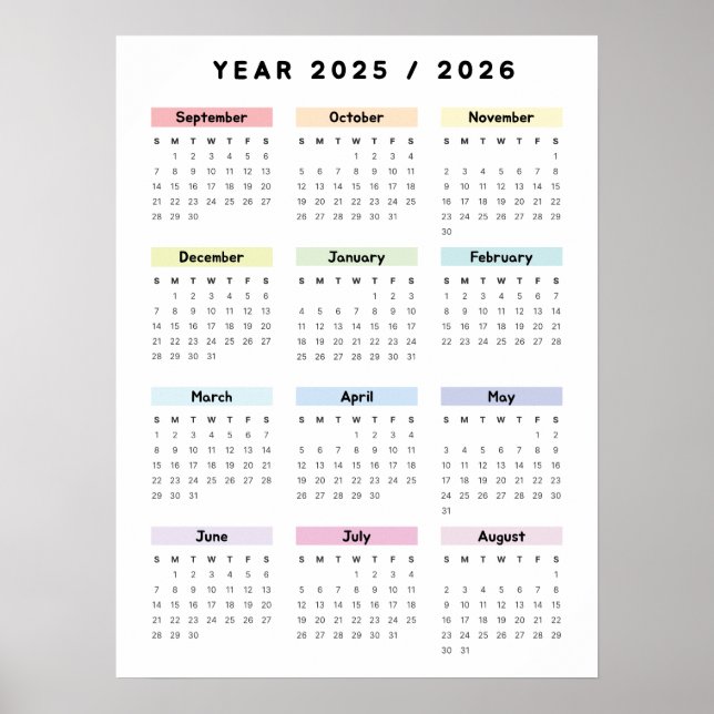 Rainbow Minimalist 2025 2026 Calendar Poster (Front)