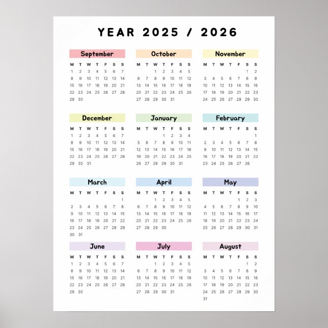Rainbow Minimalist 2025 2026 Calendar Poster (Front)