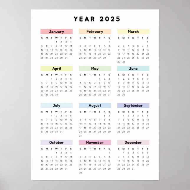 Rainbow Minimalist 2025 Calendar Poster (Front)