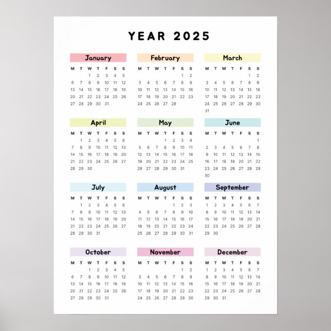 Rainbow Minimalist 2025 Calendar Poster (Front)