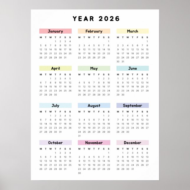 Rainbow Minimalist 2026 Calendar Poster (Front)