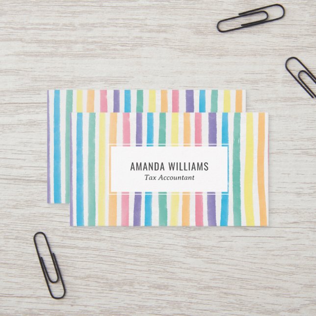 Rainbow Minimalist Stripes Handmade Business Card (Front/Back In Situ)