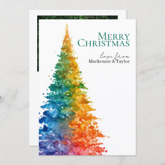 Rainbow Modern Christmas Tree Photo Personalized Holiday Card