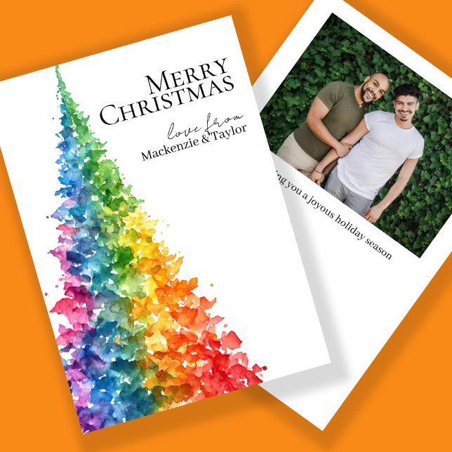 Rainbow Modern Christmas Tree Photo Personalized Holiday Card (Rainbow Modern Christmas Tree Photo Personalized Holiday Card by Ricaso - LGBT Christmas cards)