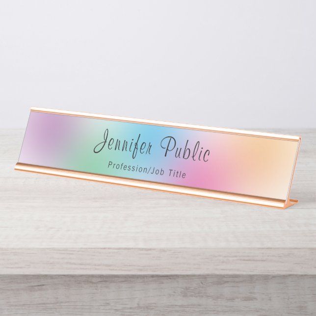 Rainbow Modern Colourful Template Rose Gold Elegan Desk Name Plate (Front)