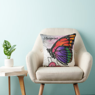 Rainbow Monarch Butterfly Original Fantasy Art Cushion