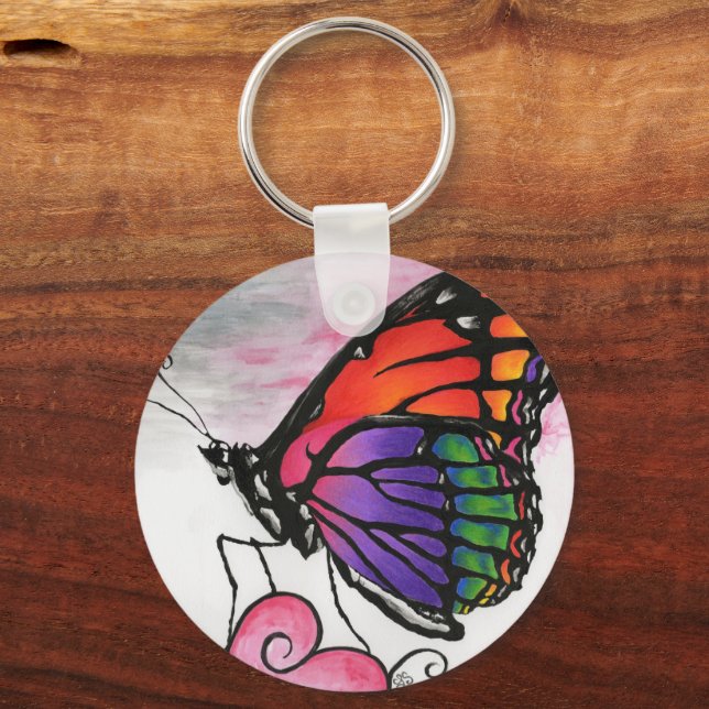 Rainbow Monarch Butterfly Original Fantasy Art Key Ring (Front)
