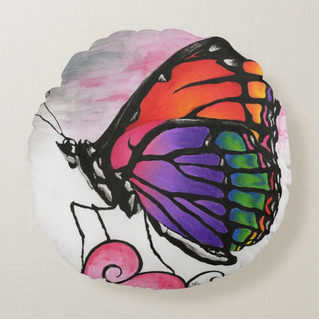 Rainbow Monarch Butterfly Original Fantasy Art Round Cushion (Front)