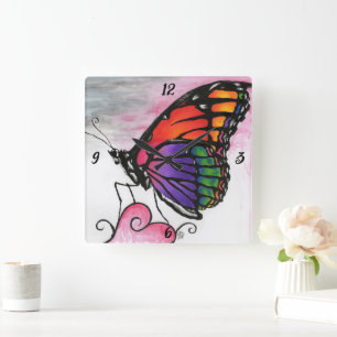 Rainbow Monarch Butterfly Original Fantasy Art Square Wall Clock
