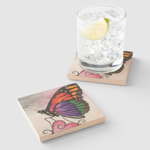 Rainbow Monarch Butterfly Original Fantasy Art Stone Coaster