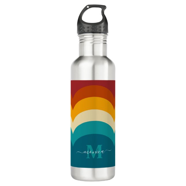 Rainbow Monogram Custom Name Retro Sunset Stripe  710 Ml Water Bottle (Front)