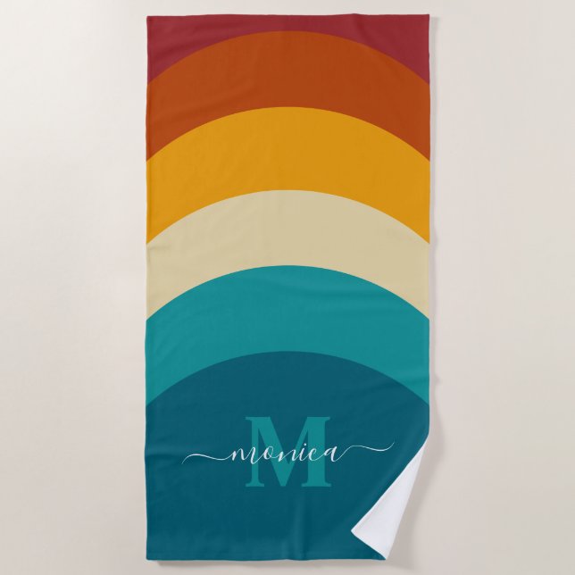 Rainbow Monogram Custom Name Retro Sunset Stripe  Beach Towel (Front)