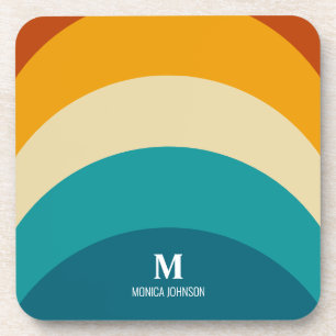 Rainbow Monogram Custom Name Retro Sunset Stripe Coaster