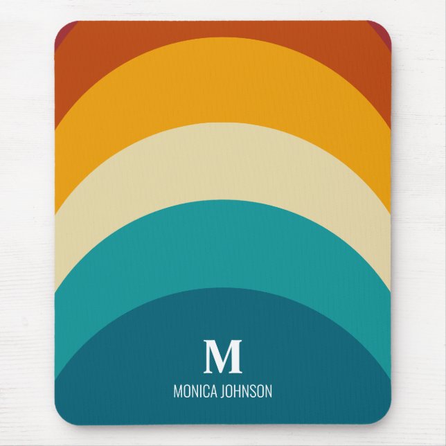 Rainbow Monogram Custom Name Retro Sunset Stripe Mouse Mat (Front)