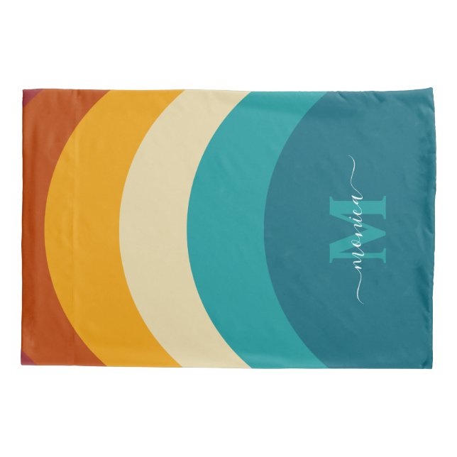 Rainbow Monogram Custom Name Retro Sunset Stripe  Pillowcase (Back)