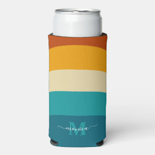 Rainbow Monogram Custom Name Retro Sunset Stripe Seltzer Can Cooler