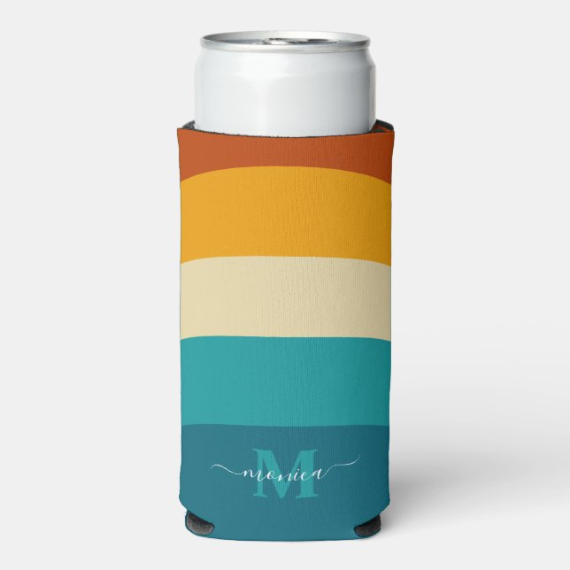 Rainbow Monogram Custom Name Retro Sunset Stripe  Seltzer Can Cooler (Seltzer Front)