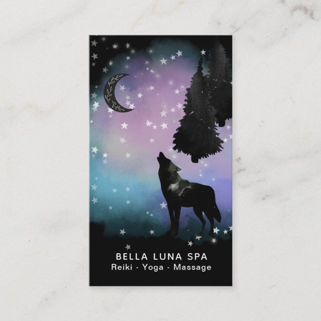 *~* Rainbow Moon Howling Wolf Pine Trees Cosmic Business Card (Front)