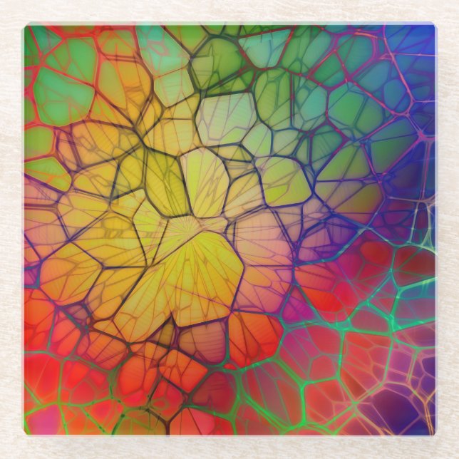 Rainbow Mosaic -Stained Glass Look Glass Coaster (Front)