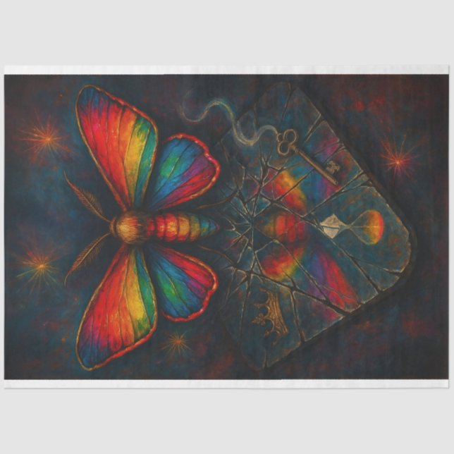 Rainbow Moth Above a Broken Mirror Decoupage Paper (Front)