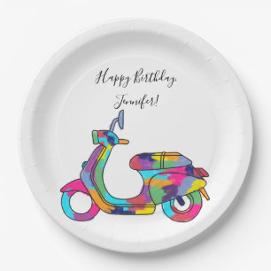 Rainbow Motor Scooter Moped Custom Message Paper Plate